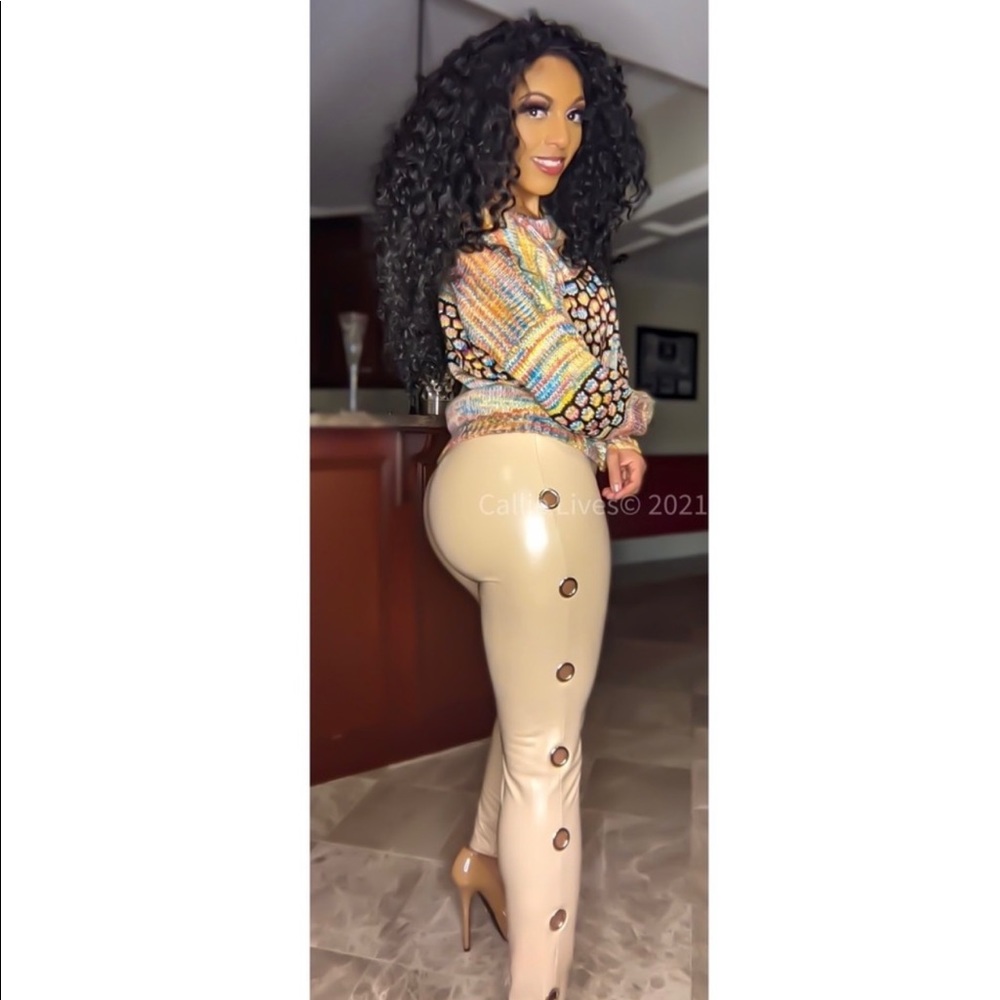 New! Xena Nude Skin Patent Liquid Leather Grommet Side Pants Leggings - Picture 8 of 16